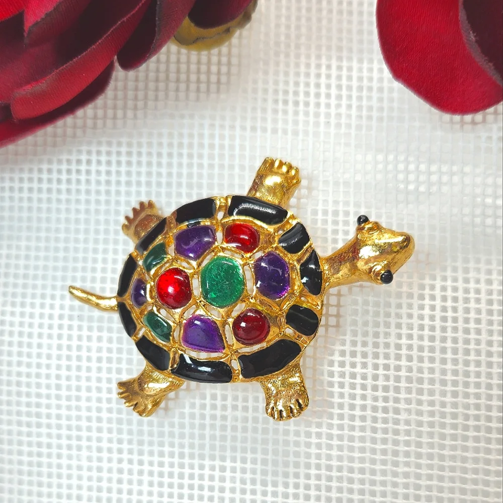 Vintage Colorful Multi Faux Gemstone Gold Tone Turtle Brooch Statement Brooch
